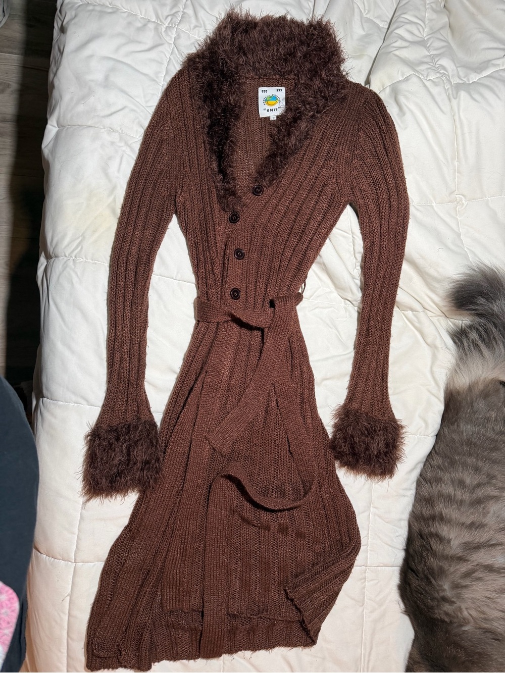 UNIF Chocolate Brown Fuzzy-Trim Knit Belted Cardigan